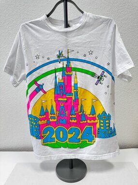 Disney Parks 2024 Castle Neon Graphic Tee White Adult Large